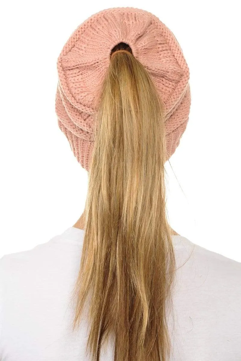 C.C MB20A  - Soft Stretch Cable Knit Warm Hat High Bun Ponytail Beanie