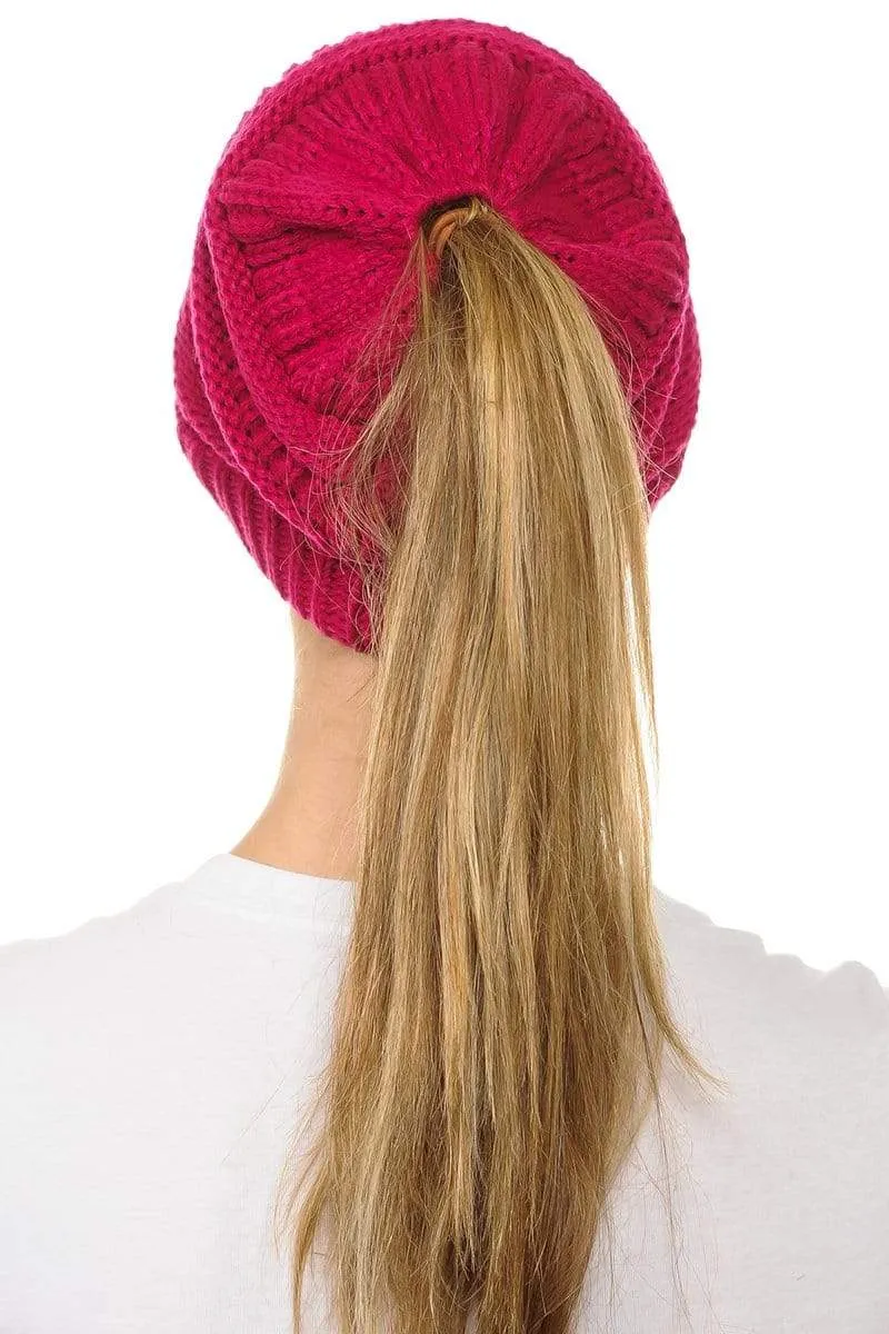 C.C MB20A  - Soft Stretch Cable Knit Warm Hat High Bun Ponytail Beanie