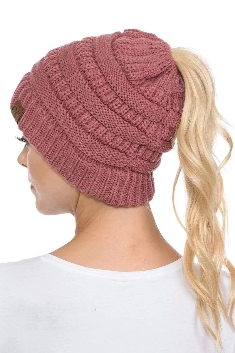 C.C MB20A  - Soft Stretch Cable Knit Warm Hat High Bun Ponytail Beanie