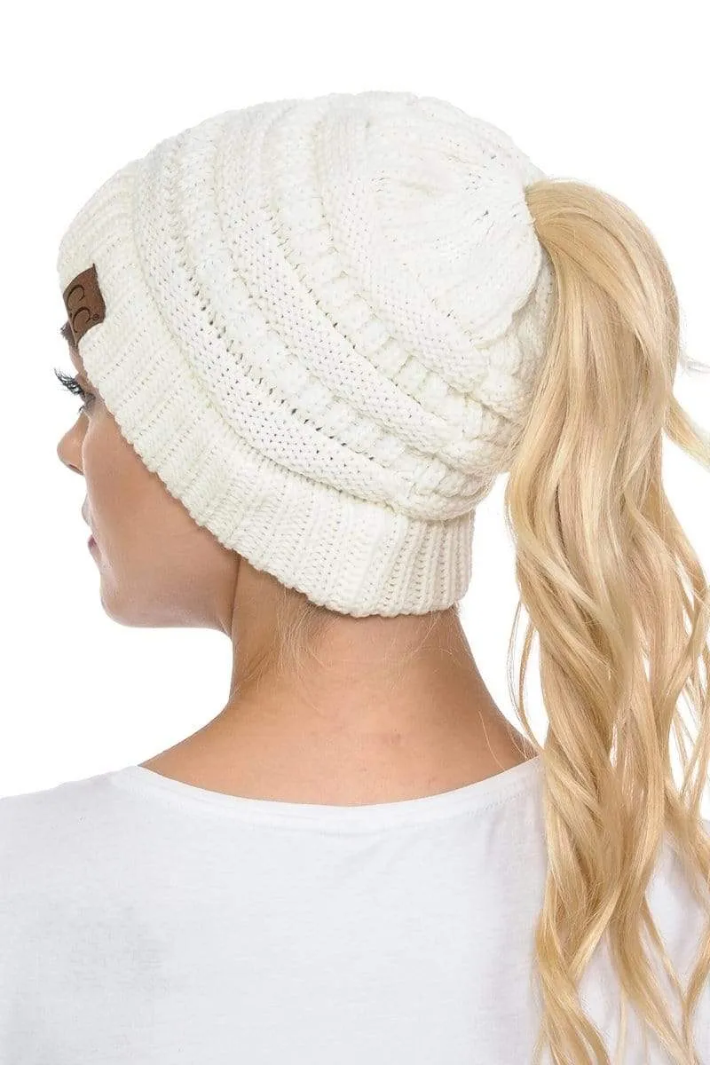 C.C MB20A  - Soft Stretch Cable Knit Warm Hat High Bun Ponytail Beanie