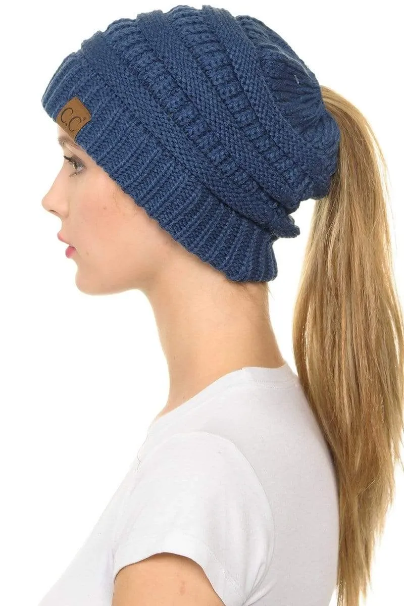 C.C MB20A  - Soft Stretch Cable Knit Warm Hat High Bun Ponytail Beanie