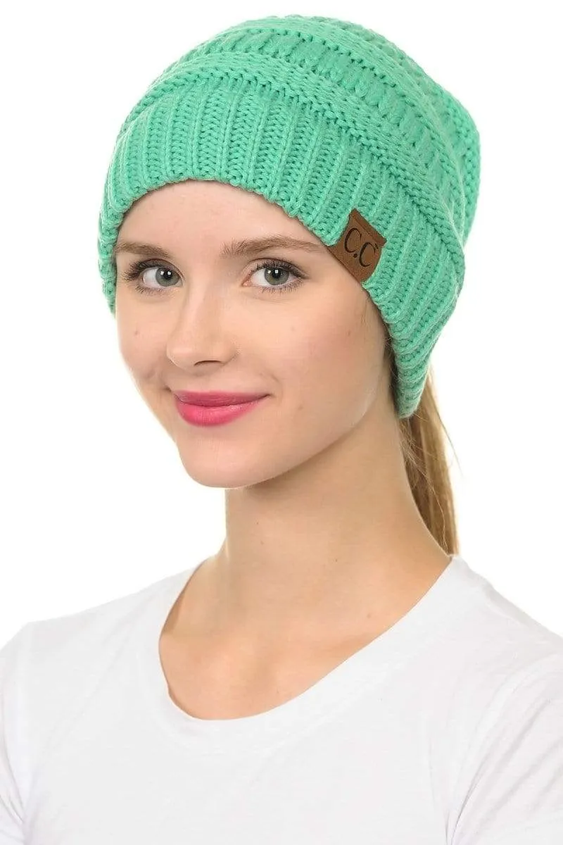 C.C MB20A  - Soft Stretch Cable Knit Warm Hat High Bun Ponytail Beanie