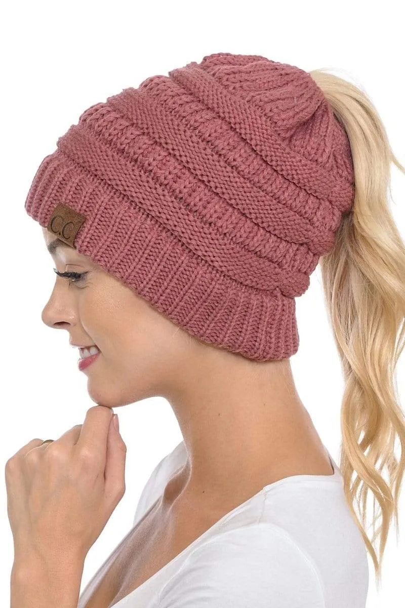 C.C MB20A  - Soft Stretch Cable Knit Warm Hat High Bun Ponytail Beanie