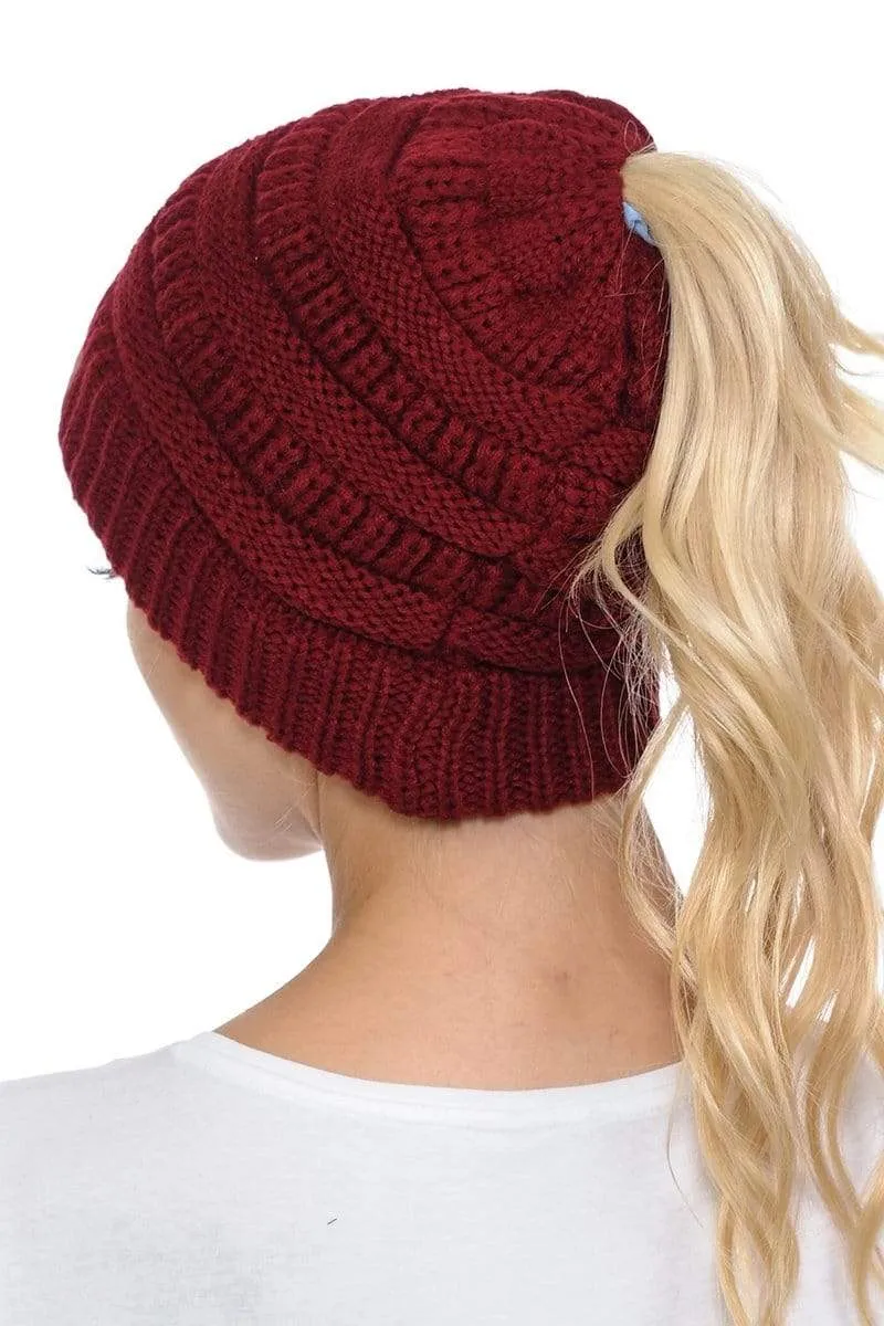 C.C MB20A  - Soft Stretch Cable Knit Warm Hat High Bun Ponytail Beanie