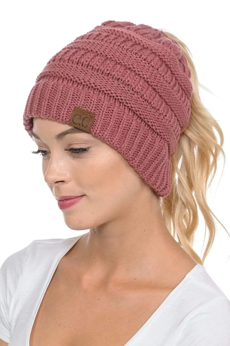 C.C MB20A  - Soft Stretch Cable Knit Warm Hat High Bun Ponytail Beanie