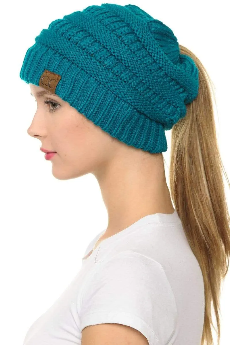 C.C MB20A  - Soft Stretch Cable Knit Warm Hat High Bun Ponytail Beanie