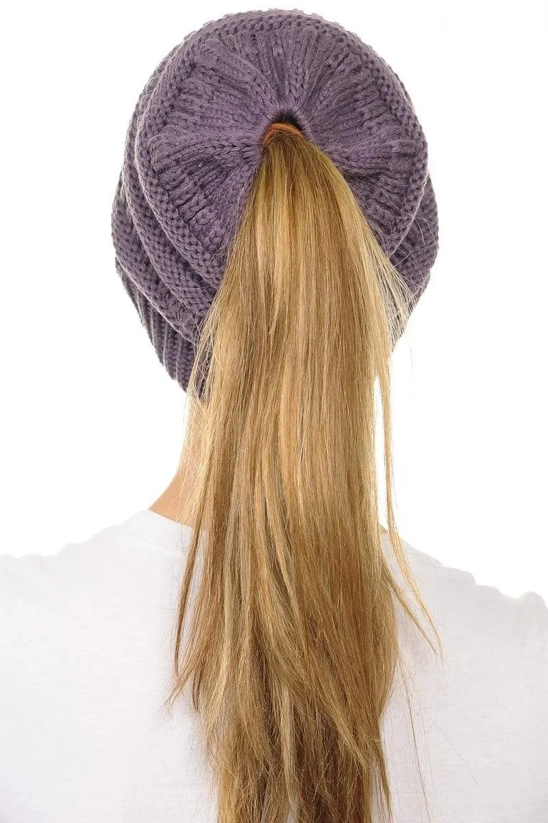 C.C MB20A  - Soft Stretch Cable Knit Warm Hat High Bun Ponytail Beanie