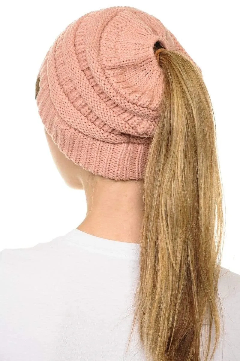 C.C MB20A  - Soft Stretch Cable Knit Warm Hat High Bun Ponytail Beanie