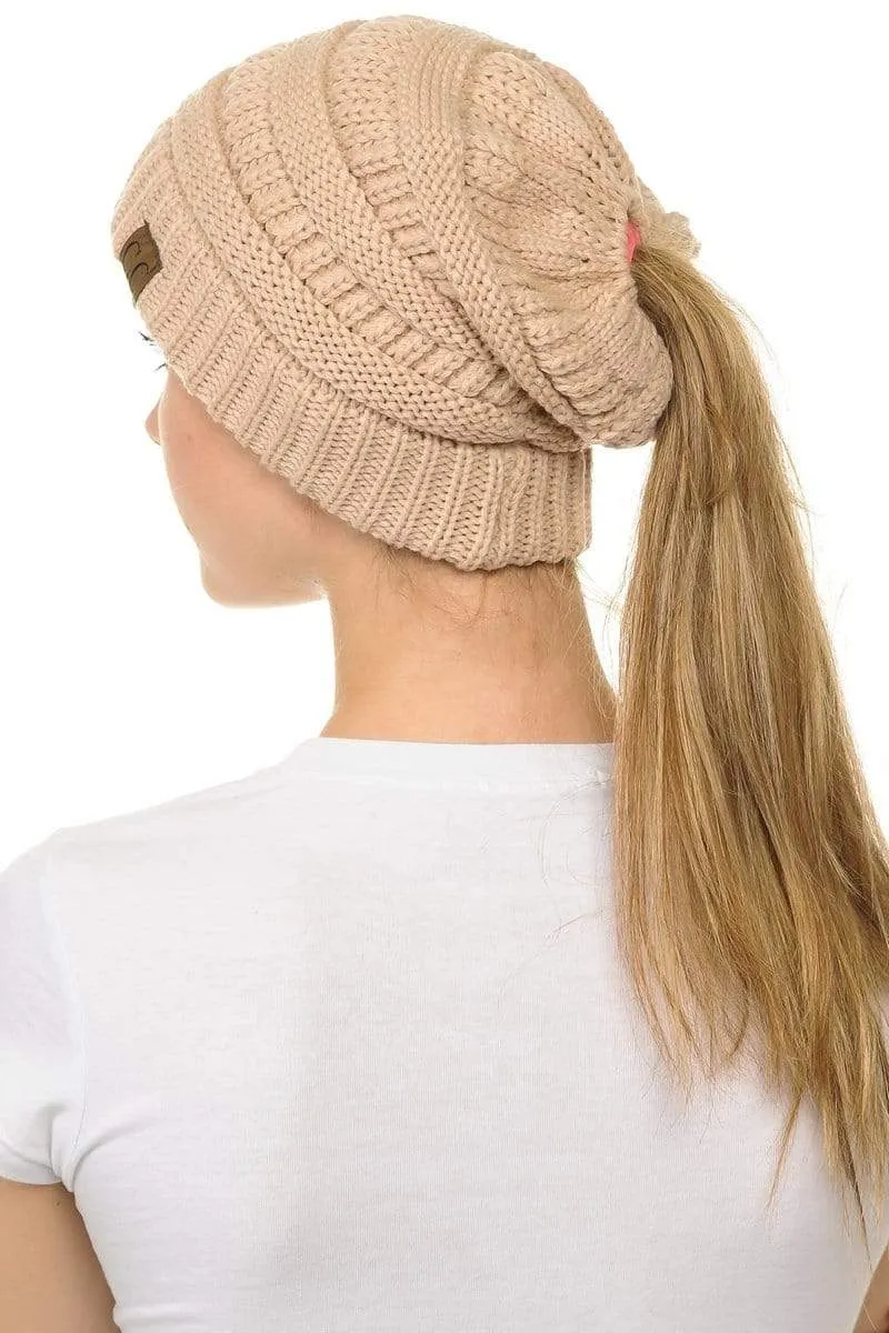 C.C MB20A  - Soft Stretch Cable Knit Warm Hat High Bun Ponytail Beanie