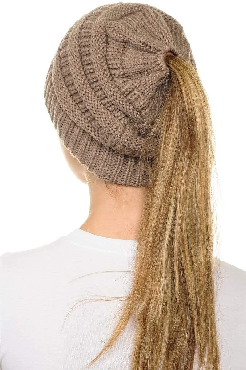 C.C MB20A  - Soft Stretch Cable Knit Warm Hat High Bun Ponytail Beanie