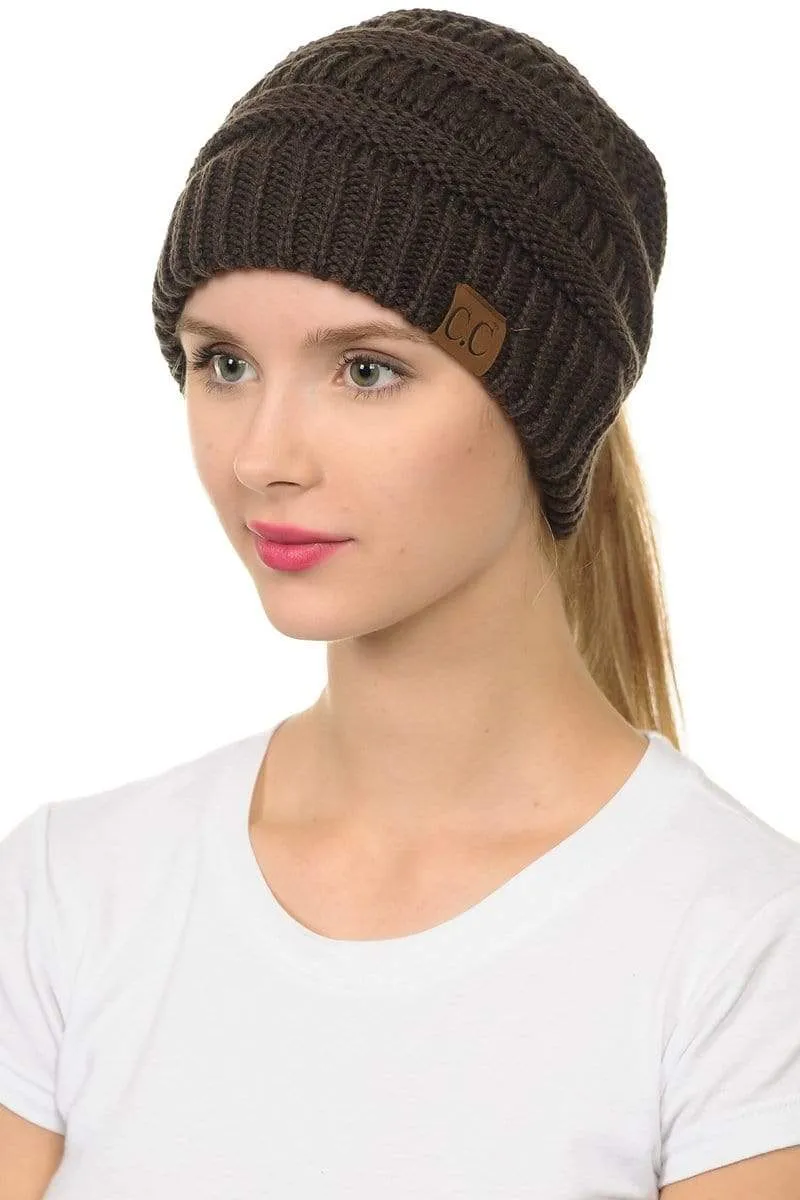 C.C MB20A  - Soft Stretch Cable Knit Warm Hat High Bun Ponytail Beanie