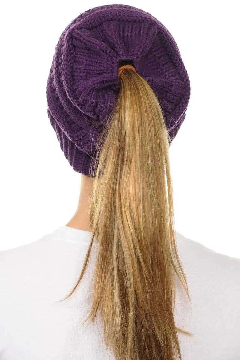 C.C MB20A  - Soft Stretch Cable Knit Warm Hat High Bun Ponytail Beanie