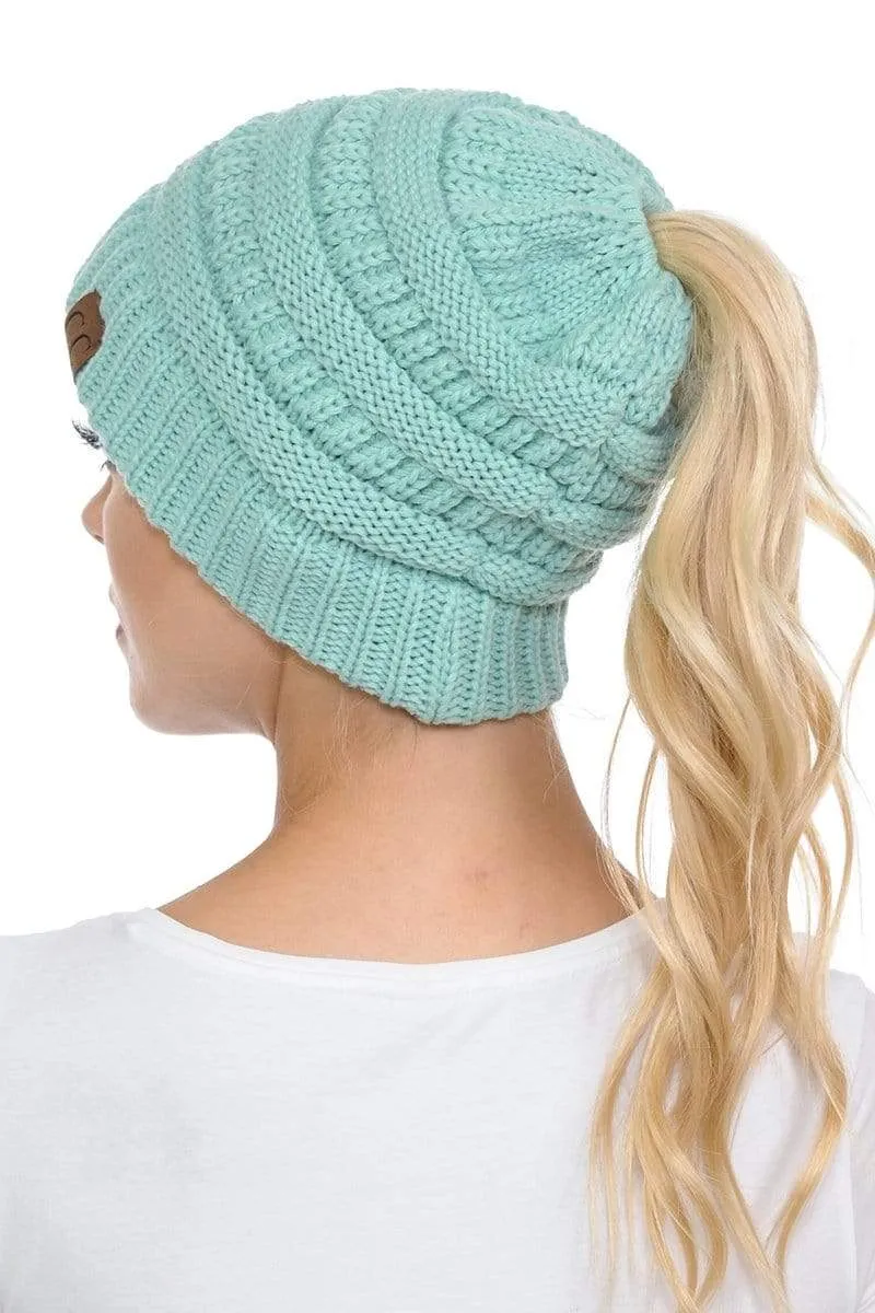 C.C MB20A  - Soft Stretch Cable Knit Warm Hat High Bun Ponytail Beanie