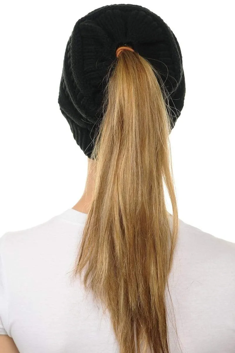 C.C MB20A  - Soft Stretch Cable Knit Warm Hat High Bun Ponytail Beanie