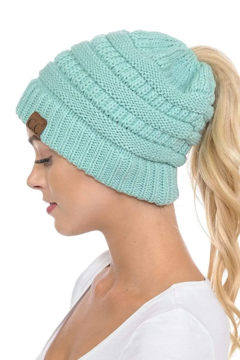 C.C MB20A  - Soft Stretch Cable Knit Warm Hat High Bun Ponytail Beanie