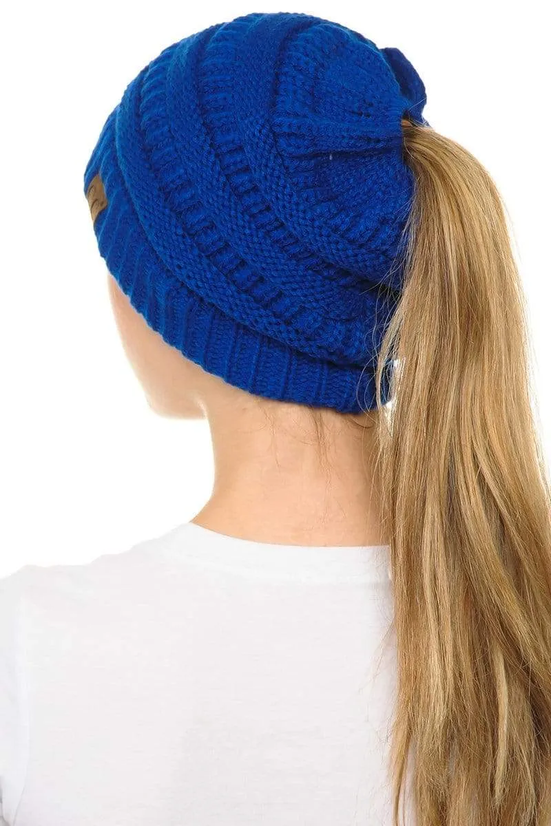 C.C MB20A  - Soft Stretch Cable Knit Warm Hat High Bun Ponytail Beanie