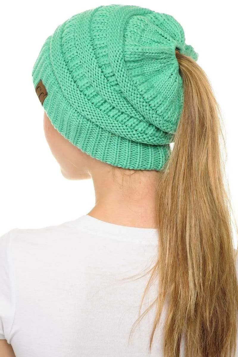 C.C MB20A  - Soft Stretch Cable Knit Warm Hat High Bun Ponytail Beanie