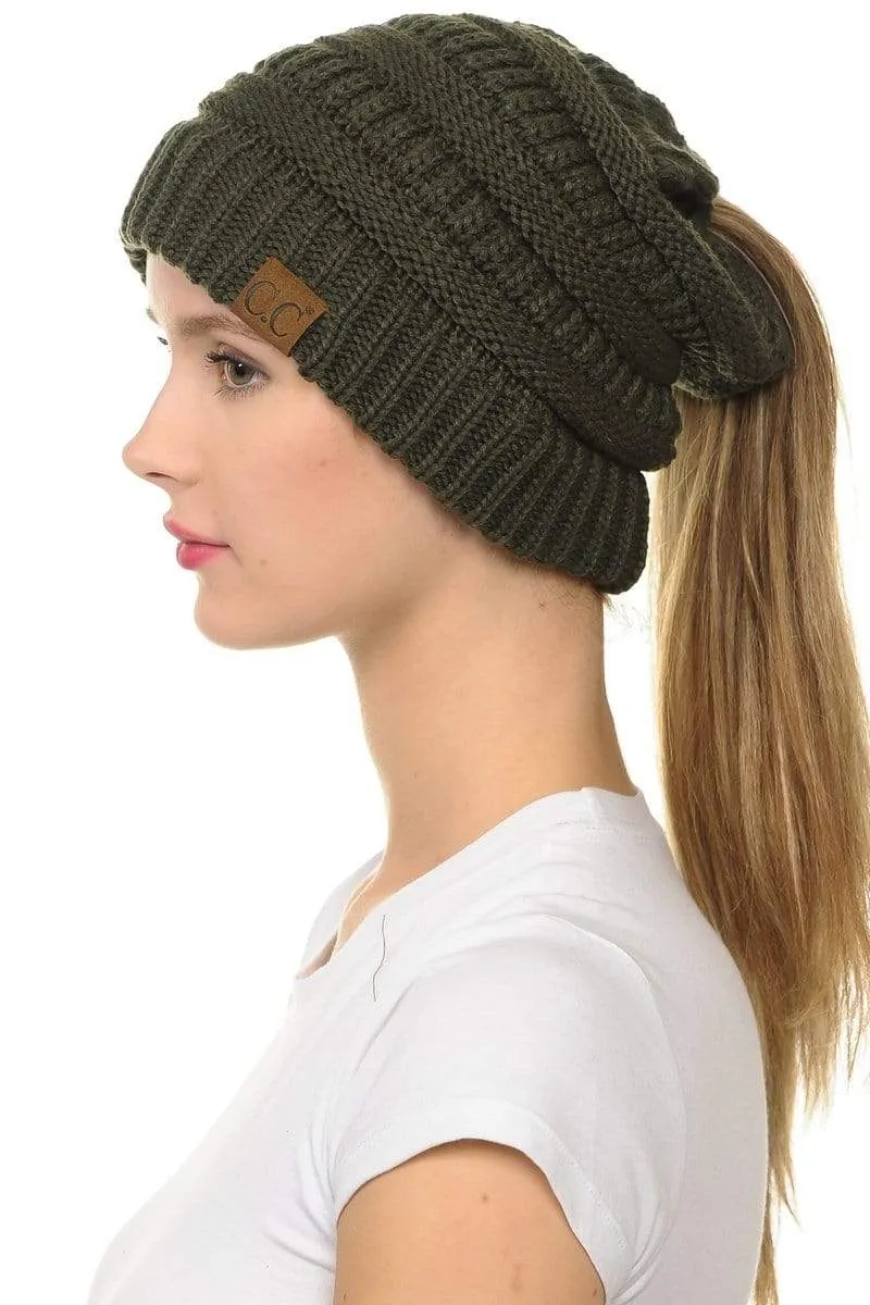 C.C MB20A  - Soft Stretch Cable Knit Warm Hat High Bun Ponytail Beanie