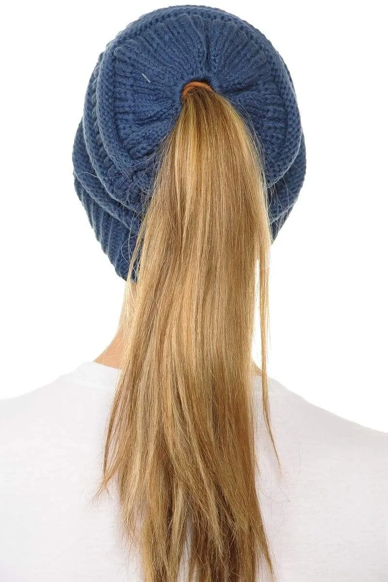 C.C MB20A  - Soft Stretch Cable Knit Warm Hat High Bun Ponytail Beanie