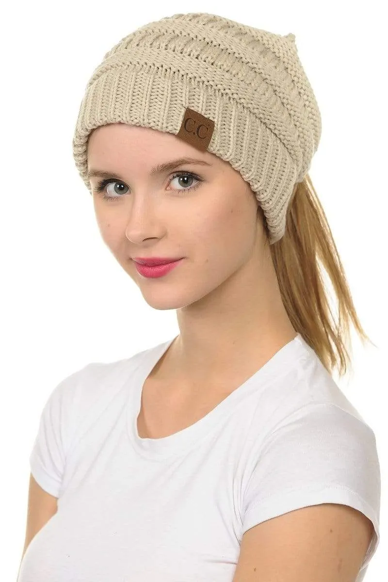 C.C MB20A  - Soft Stretch Cable Knit Warm Hat High Bun Ponytail Beanie