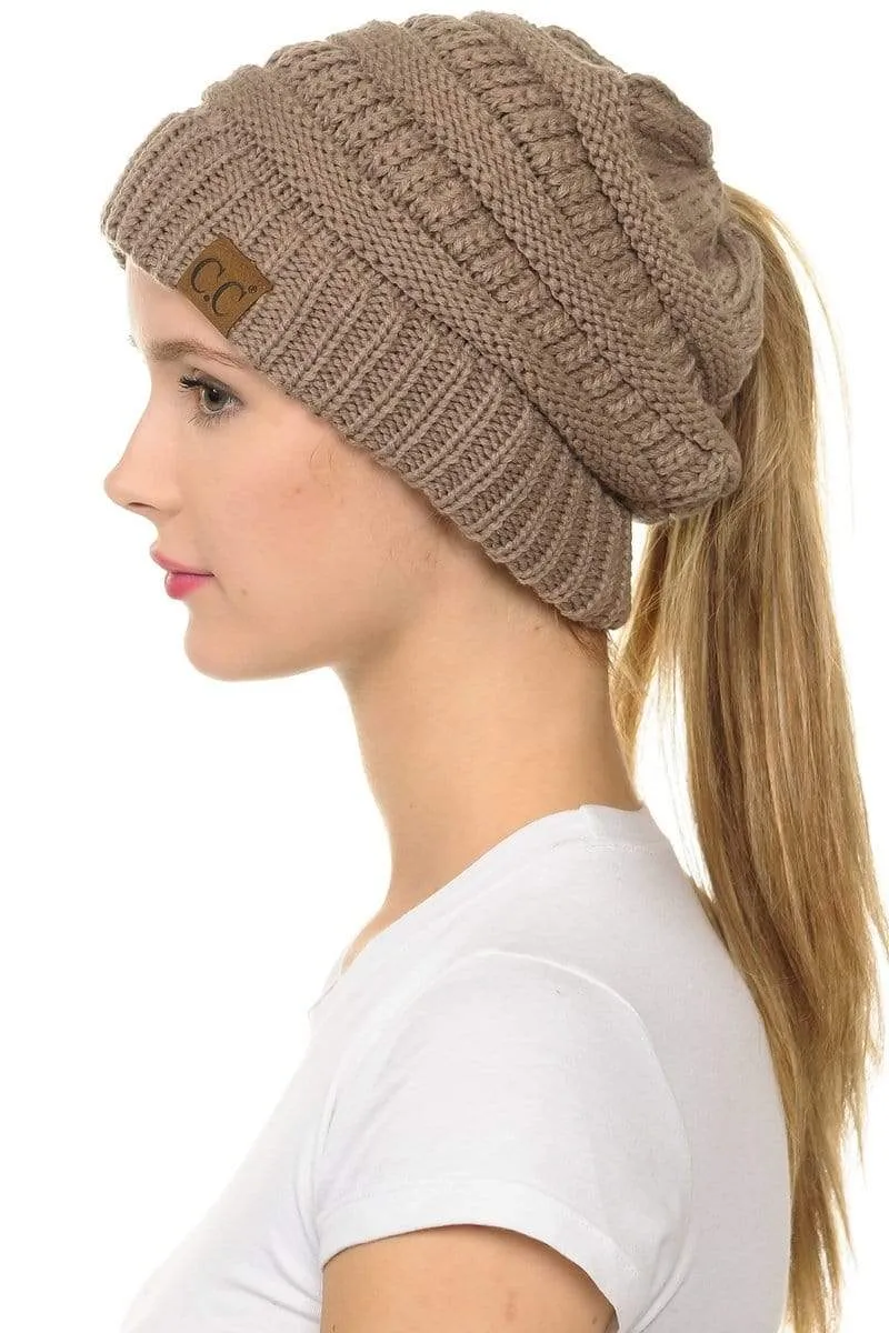 C.C MB20A  - Soft Stretch Cable Knit Warm Hat High Bun Ponytail Beanie