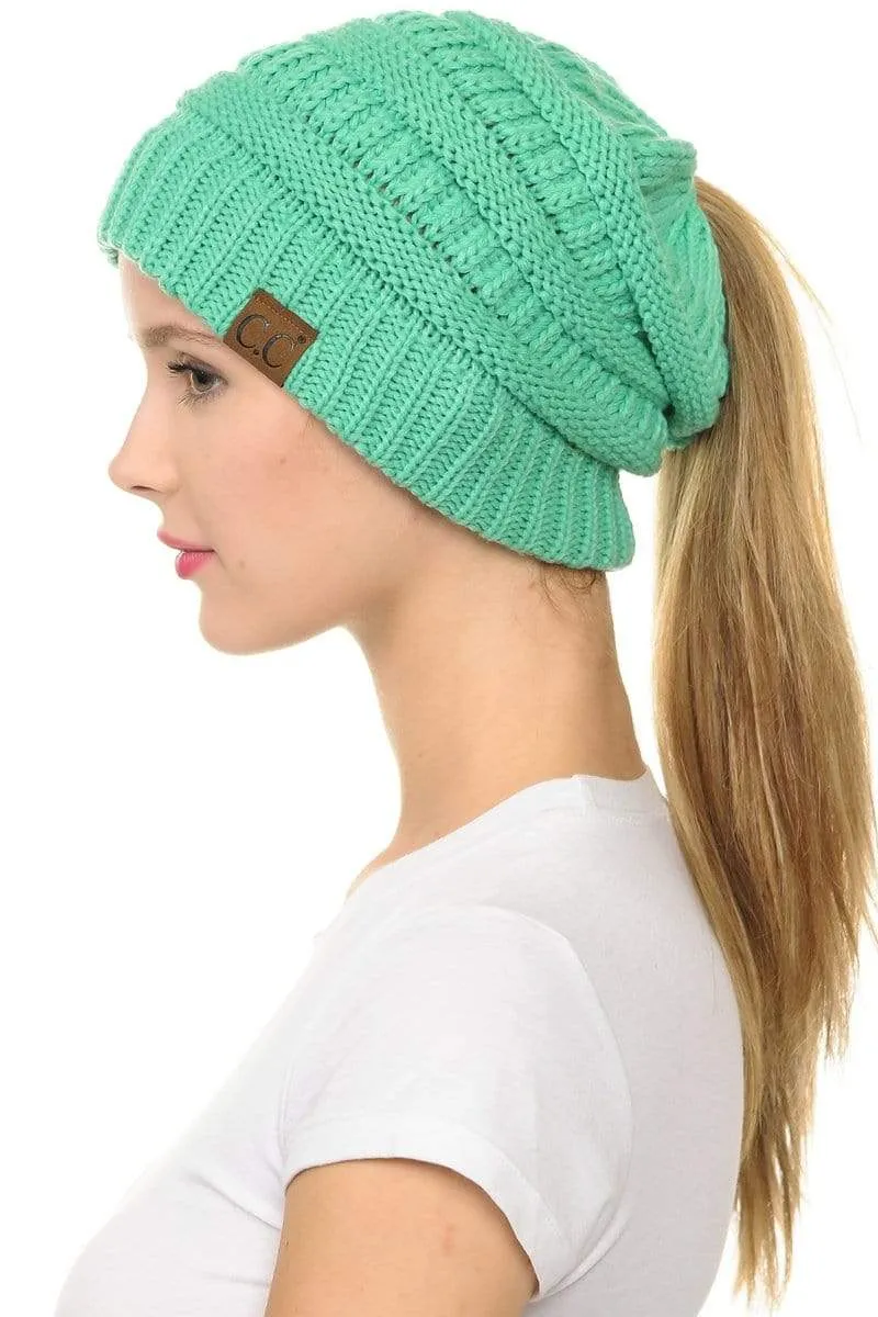 C.C MB20A  - Soft Stretch Cable Knit Warm Hat High Bun Ponytail Beanie