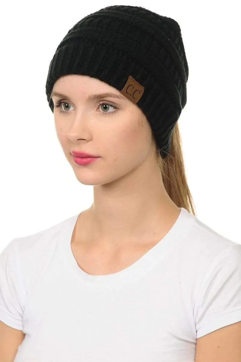 C.C MB20A  - Soft Stretch Cable Knit Warm Hat High Bun Ponytail Beanie