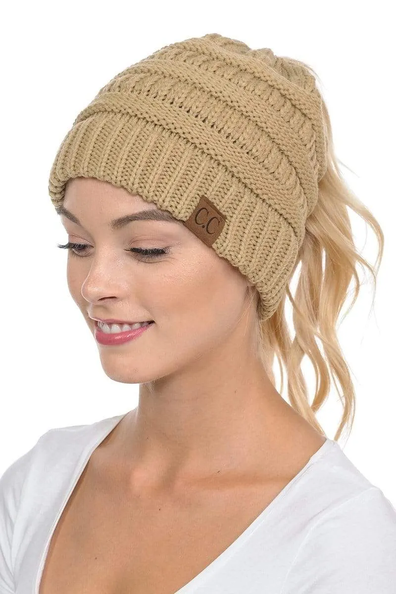 C.C MB20A  - Soft Stretch Cable Knit Warm Hat High Bun Ponytail Beanie