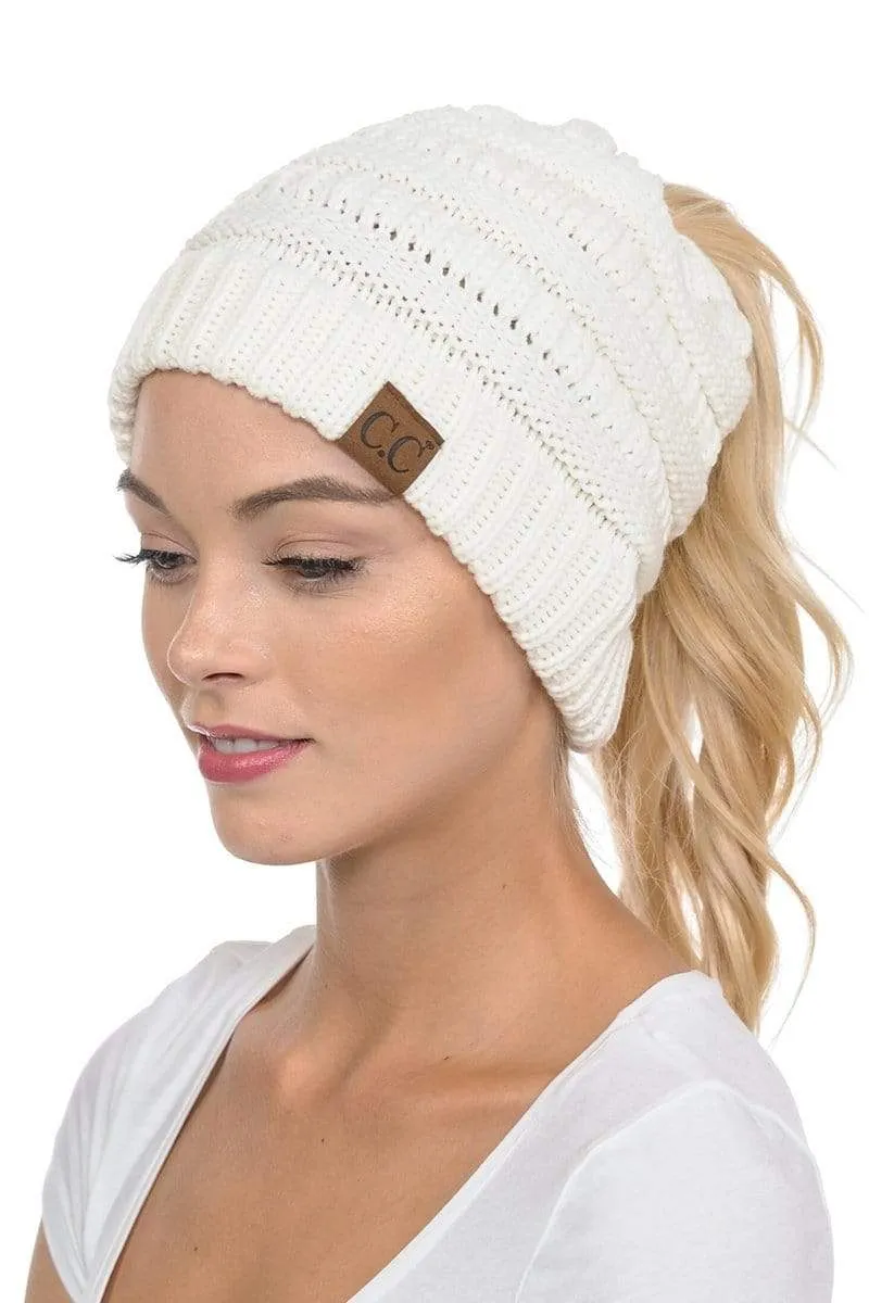 C.C MB20A  - Soft Stretch Cable Knit Warm Hat High Bun Ponytail Beanie