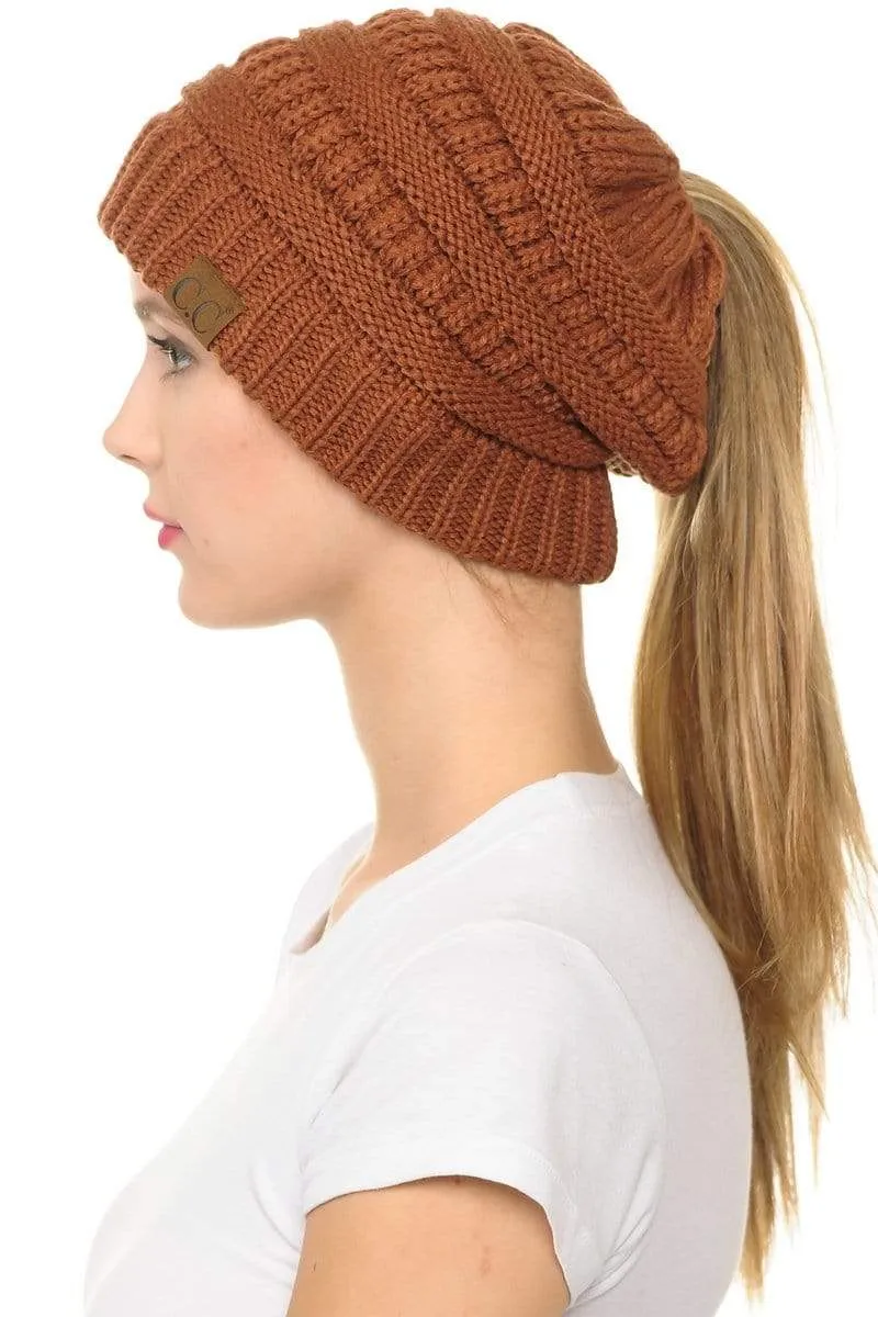 C.C MB20A  - Soft Stretch Cable Knit Warm Hat High Bun Ponytail Beanie