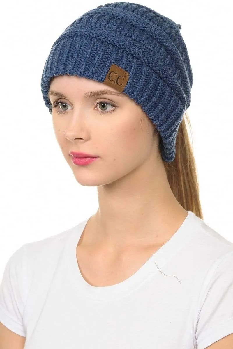 C.C MB20A  - Soft Stretch Cable Knit Warm Hat High Bun Ponytail Beanie