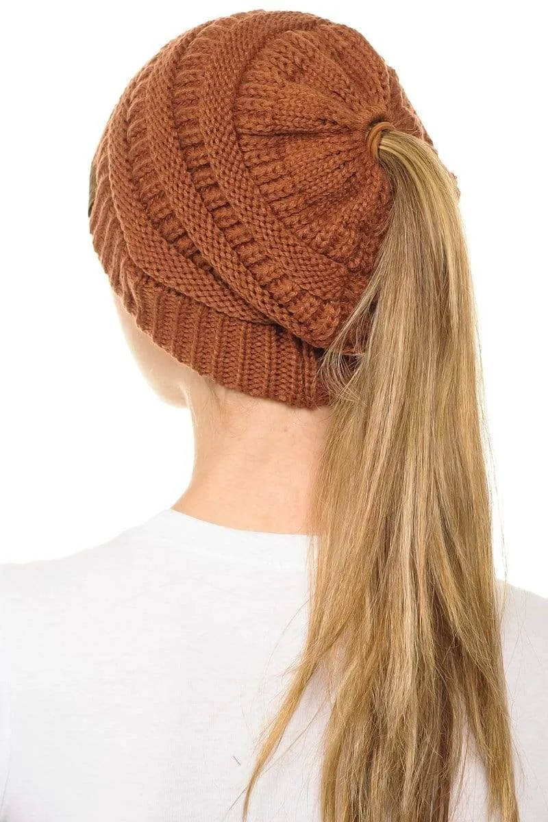 C.C MB20A  - Soft Stretch Cable Knit Warm Hat High Bun Ponytail Beanie