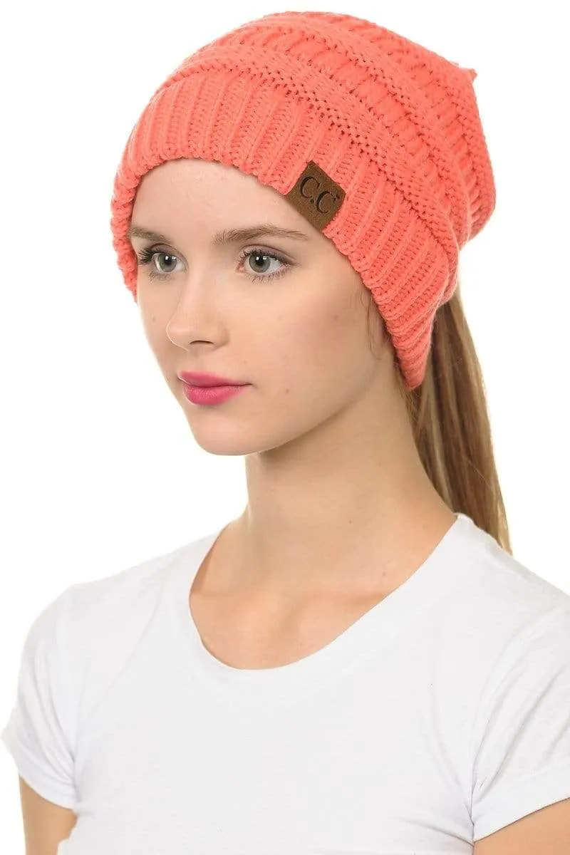 C.C MB20A  - Soft Stretch Cable Knit Warm Hat High Bun Ponytail Beanie