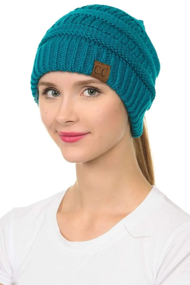 C.C MB20A  - Soft Stretch Cable Knit Warm Hat High Bun Ponytail Beanie