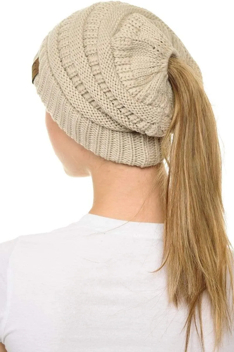 C.C MB20A  - Soft Stretch Cable Knit Warm Hat High Bun Ponytail Beanie