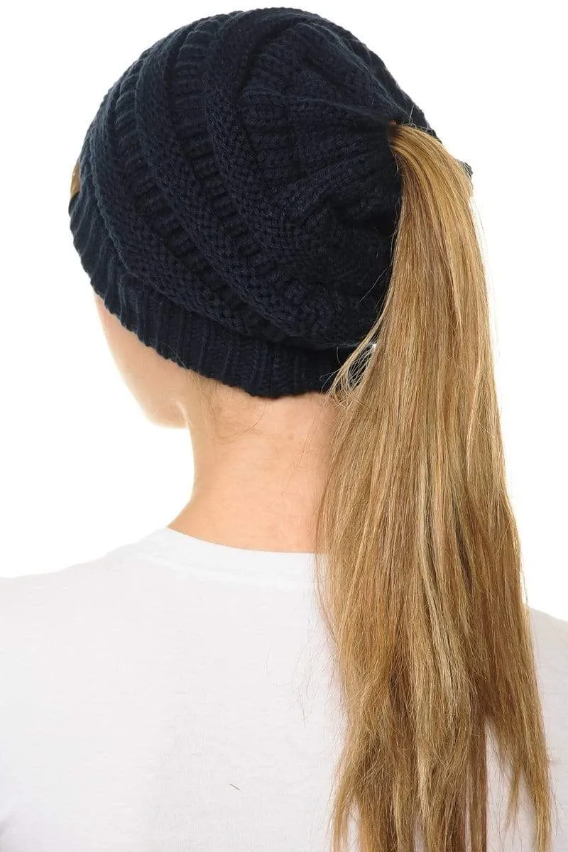 C.C MB20A  - Soft Stretch Cable Knit Warm Hat High Bun Ponytail Beanie