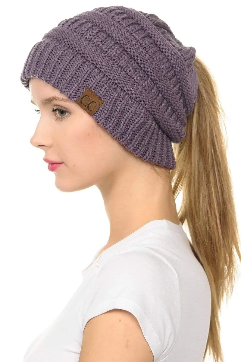 C.C MB20A  - Soft Stretch Cable Knit Warm Hat High Bun Ponytail Beanie