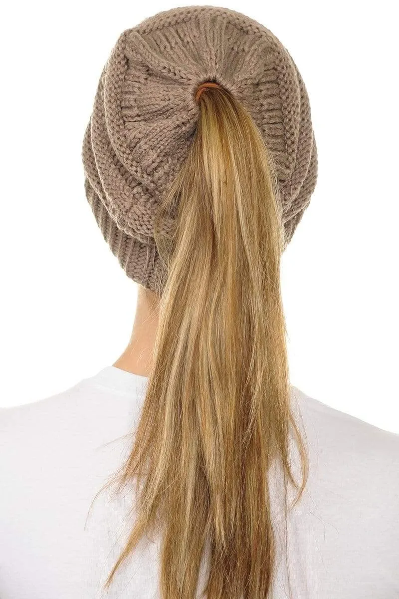 C.C MB20A  - Soft Stretch Cable Knit Warm Hat High Bun Ponytail Beanie