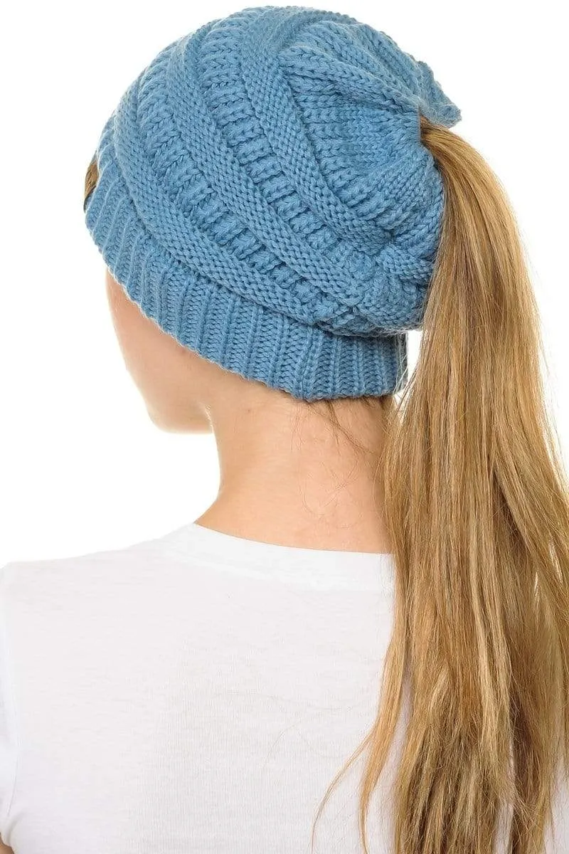 C.C MB20A  - Soft Stretch Cable Knit Warm Hat High Bun Ponytail Beanie