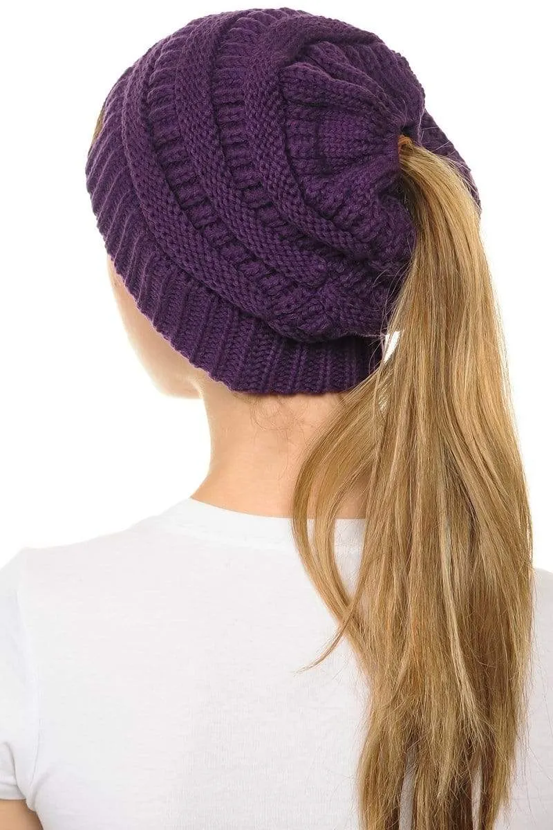 C.C MB20A  - Soft Stretch Cable Knit Warm Hat High Bun Ponytail Beanie