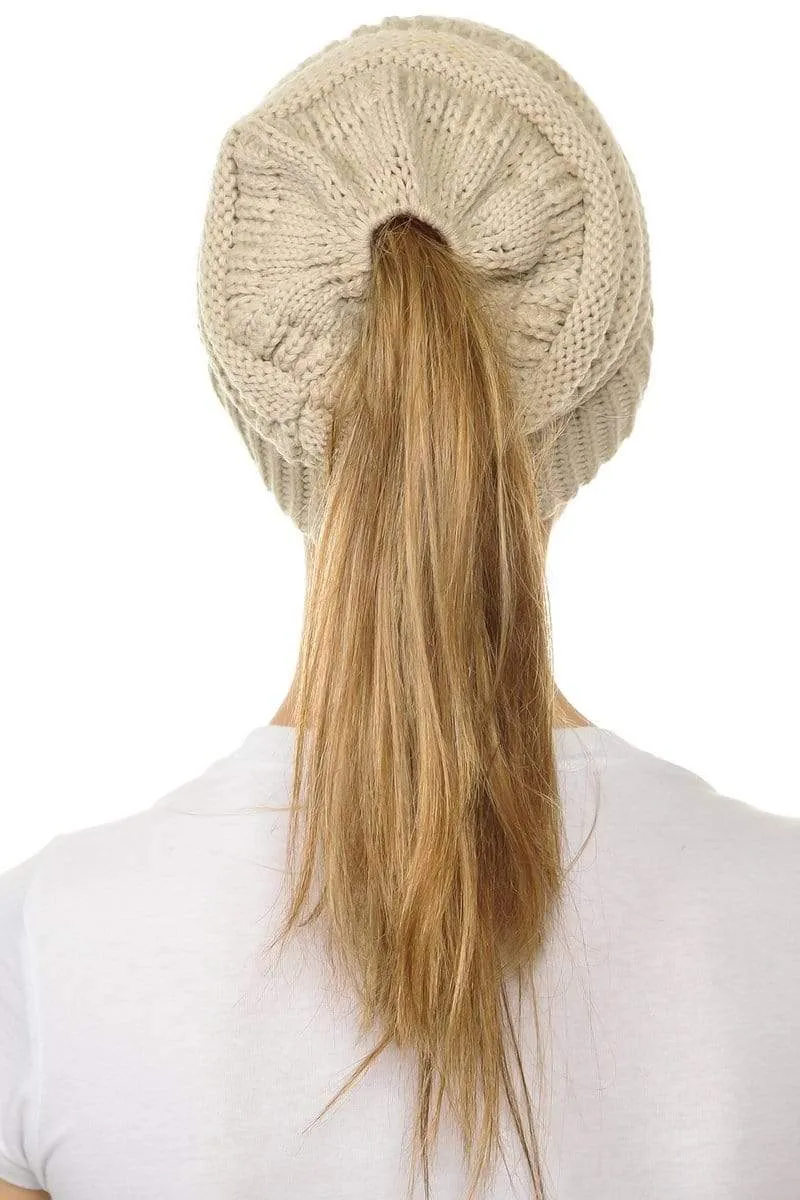 C.C MB20A  - Soft Stretch Cable Knit Warm Hat High Bun Ponytail Beanie