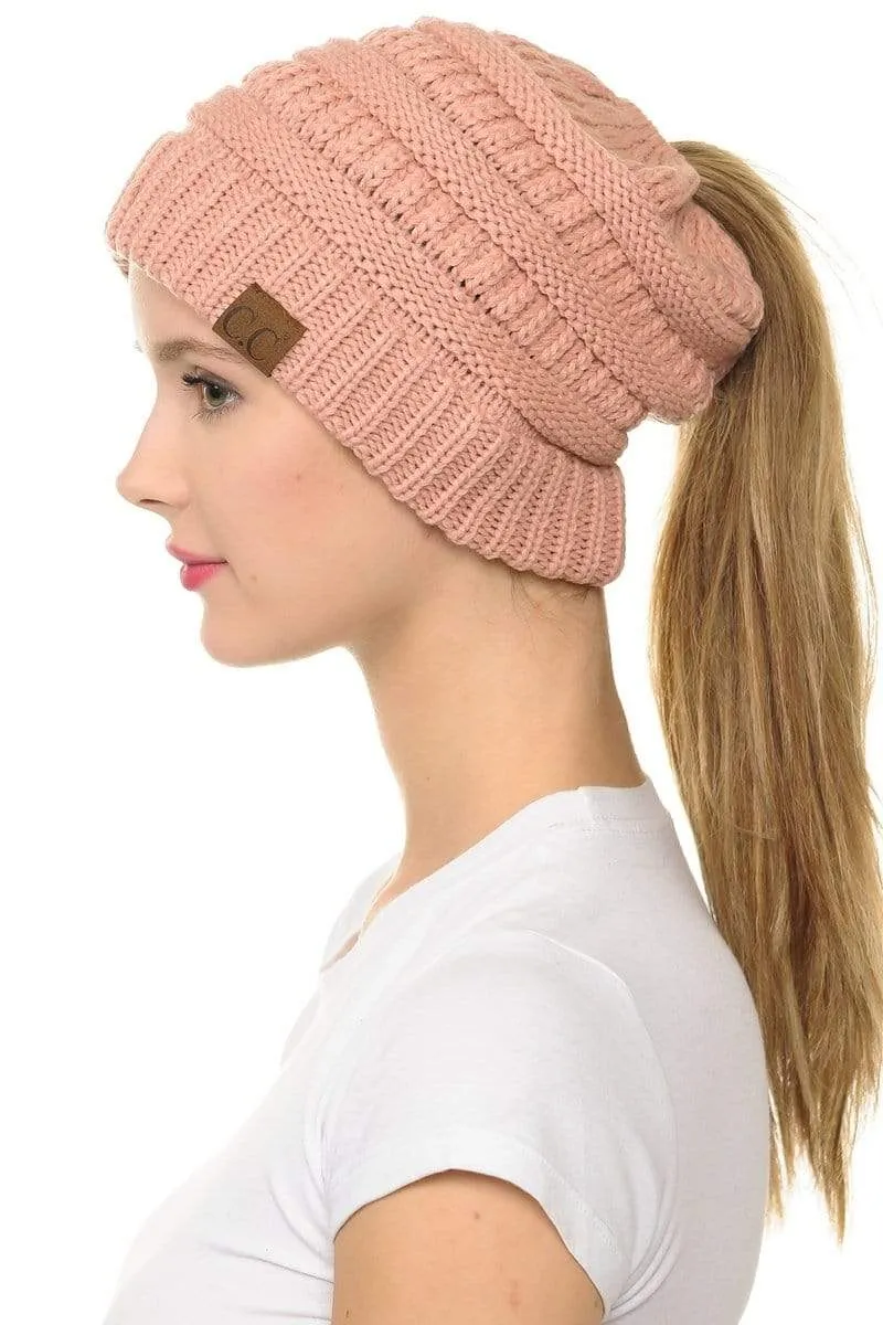 C.C MB20A  - Soft Stretch Cable Knit Warm Hat High Bun Ponytail Beanie