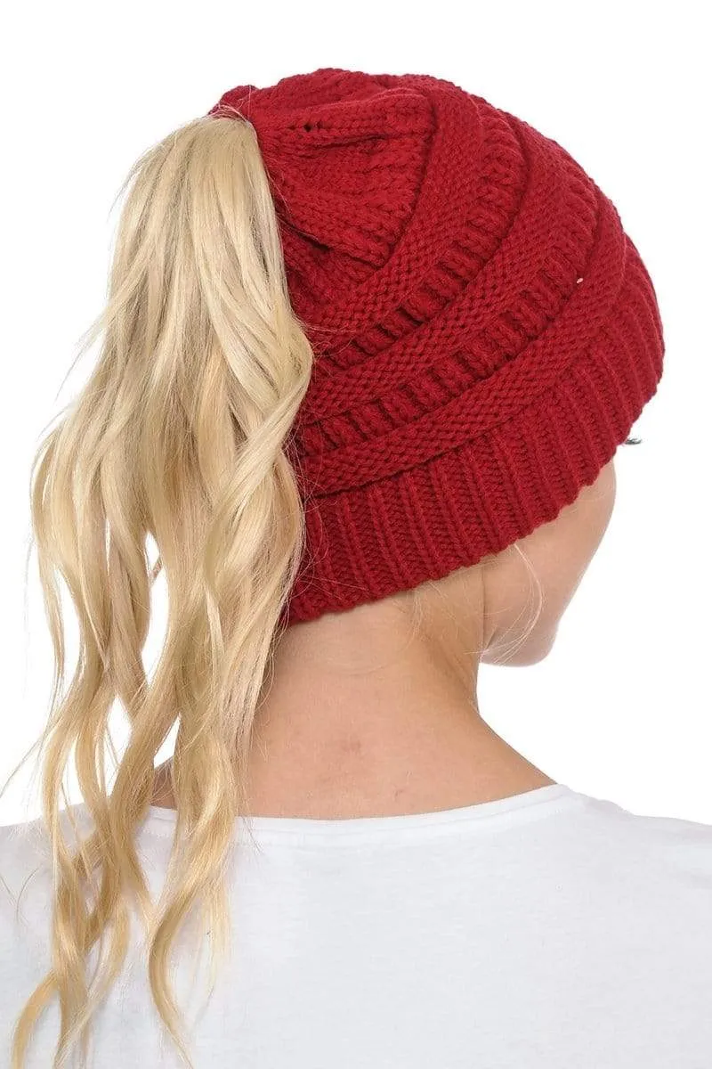 C.C MB20A  - Soft Stretch Cable Knit Warm Hat High Bun Ponytail Beanie