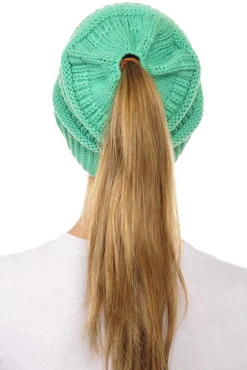 C.C MB20A  - Soft Stretch Cable Knit Warm Hat High Bun Ponytail Beanie