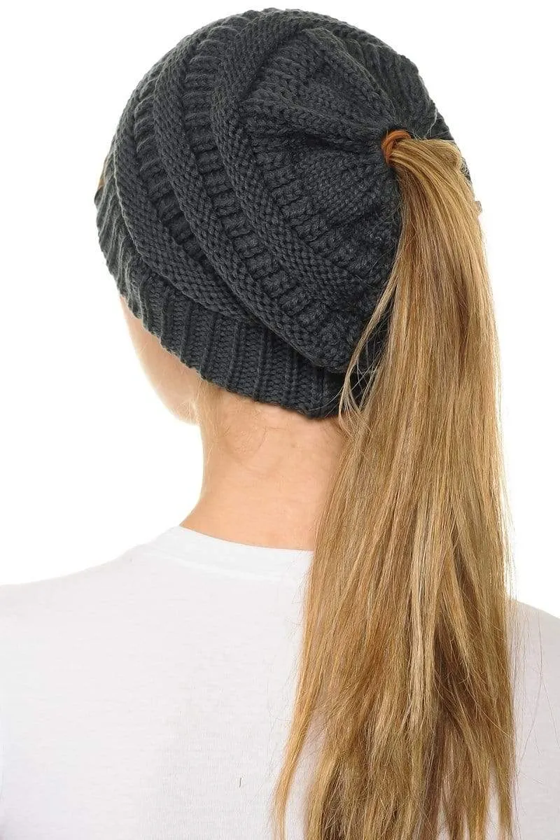 C.C MB20A  - Soft Stretch Cable Knit Warm Hat High Bun Ponytail Beanie