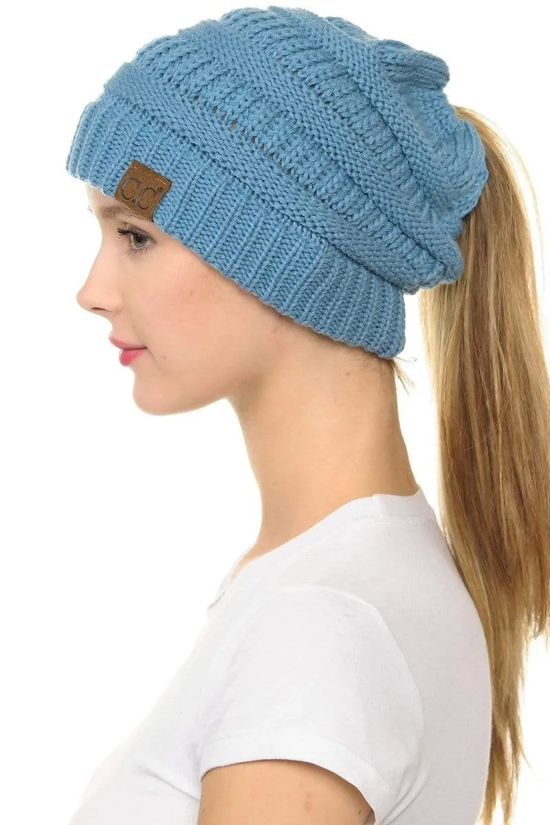 C.C MB20A  - Soft Stretch Cable Knit Warm Hat High Bun Ponytail Beanie