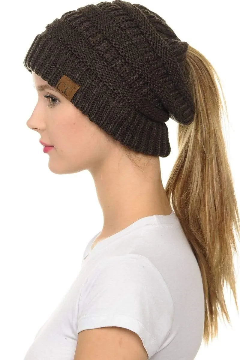 C.C MB20A  - Soft Stretch Cable Knit Warm Hat High Bun Ponytail Beanie