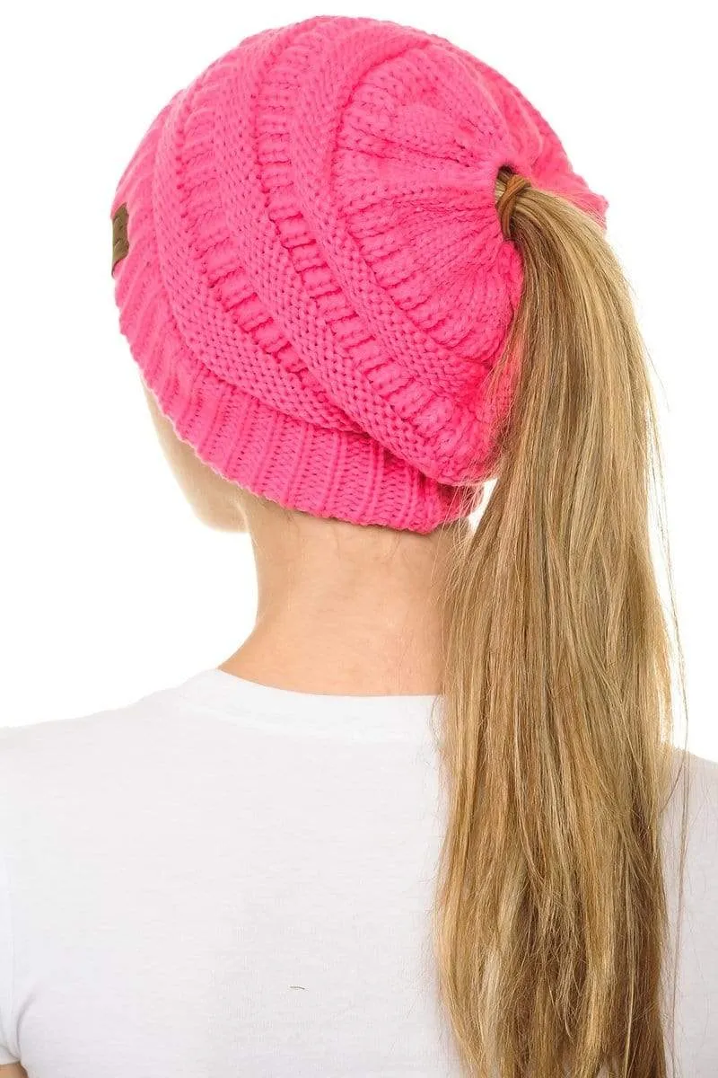 C.C MB20A  - Soft Stretch Cable Knit Warm Hat High Bun Ponytail Beanie