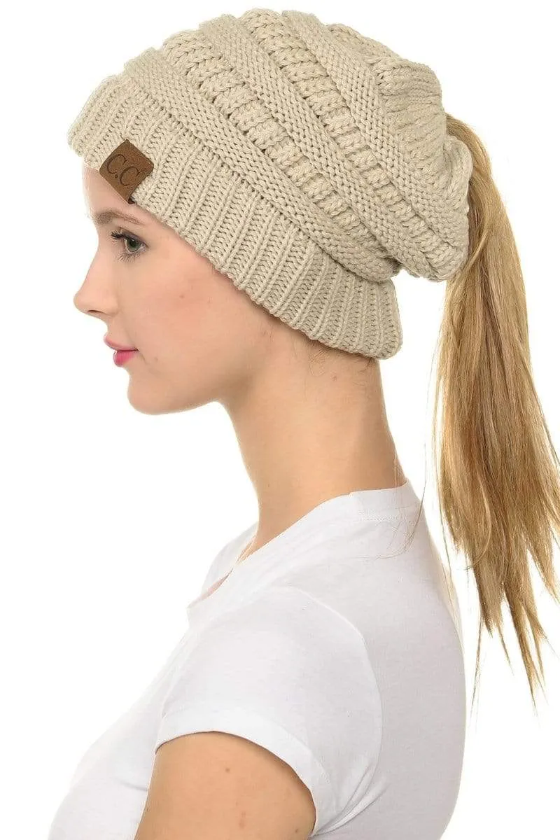 C.C MB20A  - Soft Stretch Cable Knit Warm Hat High Bun Ponytail Beanie