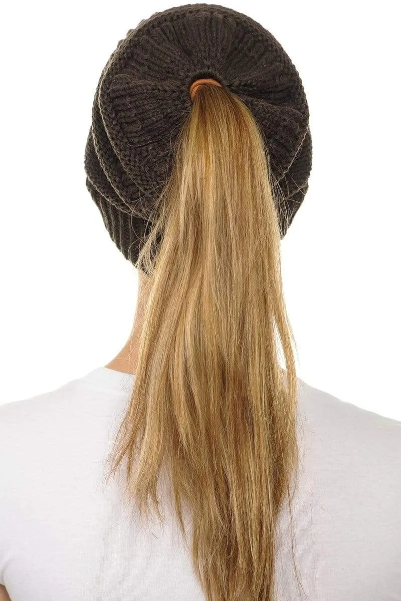 C.C MB20A  - Soft Stretch Cable Knit Warm Hat High Bun Ponytail Beanie